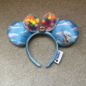 Disney Parks UP Blue Cloud Minnie Ears with Balloon Bow & Grape Soda Bottle Cap